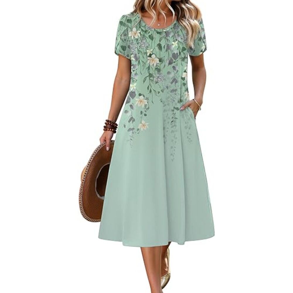 Women Mint Floral Blend Crew Neck A Line Short Sleeve Flowy Boho Sundress